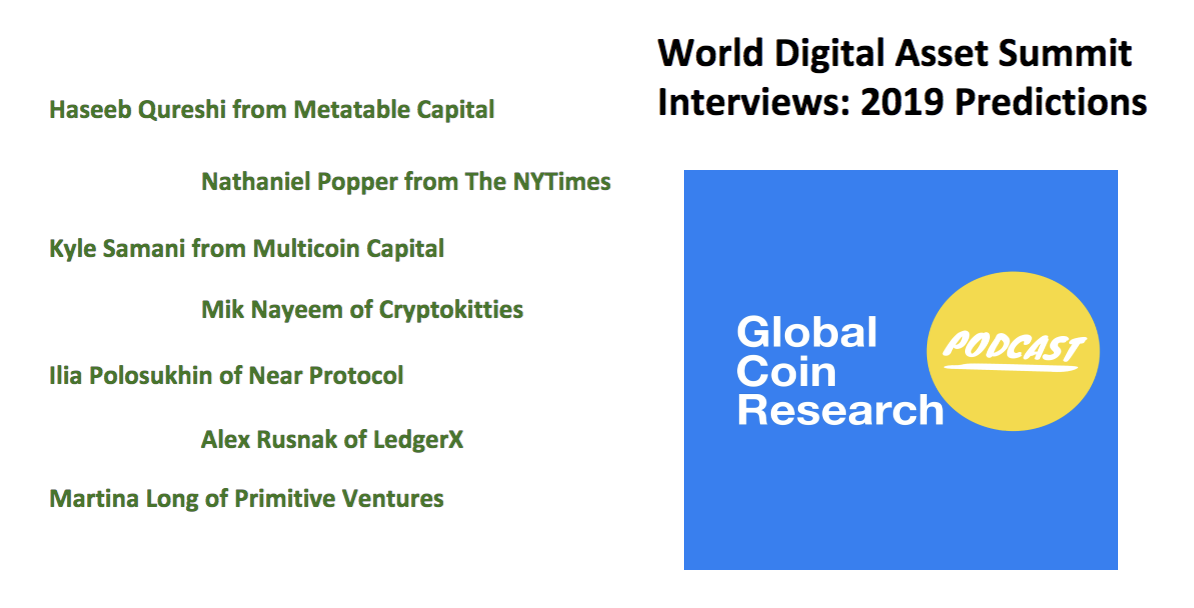 Interviews on 2019 Outlooks from the World Digital Asset Summit with Metastable Capital, Nathaniel Popper, Multicoin Capital, Near Protocol, Cryptokitties, Primitive Ventures, LayerX